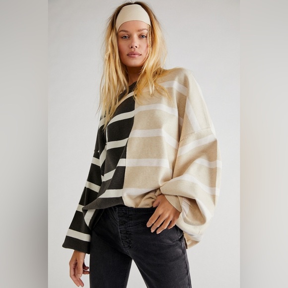Free People Sweaters - Free People Uptown Stripe Crewneck Pullover Sweater Oatmeal Combo Small